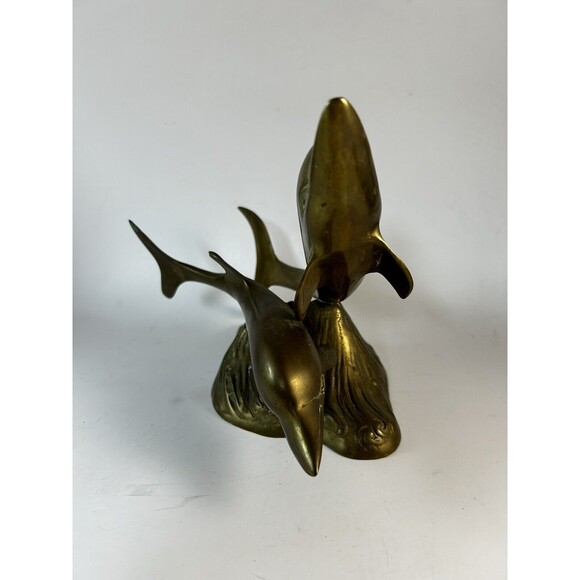 Brass Dolphins Tabletop Statue Figurine 9” Patina See Pics - Picture 3 of 7